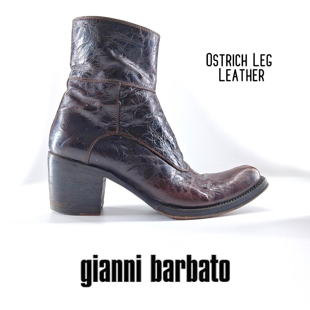 Gianni Barbato Ostrich Leg Exotic Leather Ankle Boots Stacked Heel Brown 36